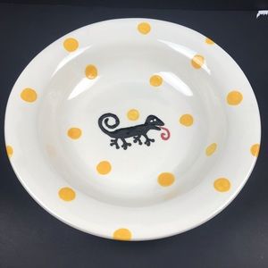 VTG IANDOLA White Yellow Dots Wide Bowl 13" Ceramic Hand Painted Black Lizard